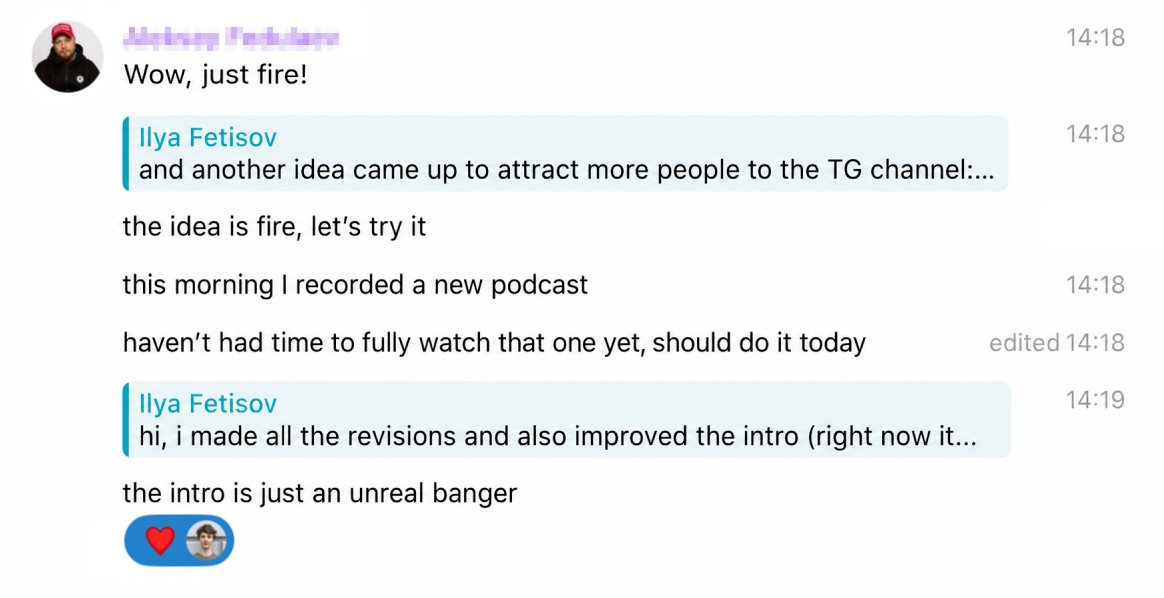 Telegram client feedback saying the idea and intro are fire.